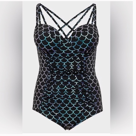 TORRID Slim Fix Underwire Strappy Back One Piece Mermaid Scale Swimsuit 5X DD/F - Picture 4 of 13